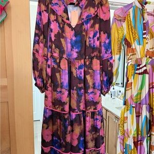 Women’s Multicolor Floral Tiered Long Sleeve Dress - Pink & Brown